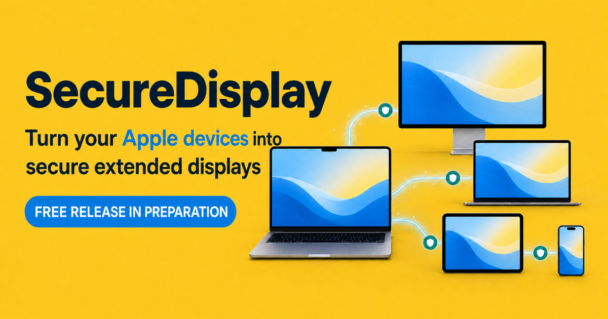 Product illustration showing one Mac connected to several secondary display devices through secured links